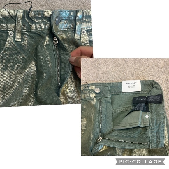 Zara relaxed fit olive army green metallic gold foil denim jeans Sz 29 NWT🔥 - Picture 7 of 13